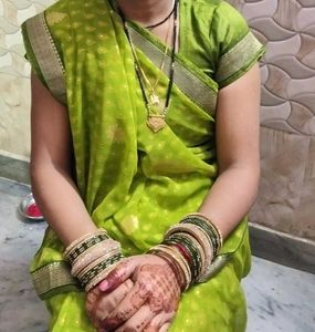 Pink &amp; White Striped And Green Saree