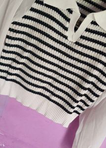 Striped Knit Top with Sheer Sleeves