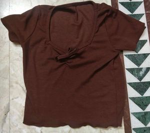 Brown Ribbed Tie-Front Top