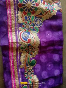 Purple Embroidered Sari Fabric