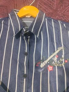 Navy Blue Cropped Stripes Shirt