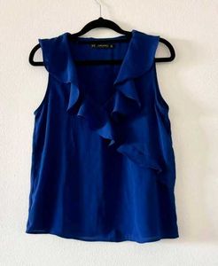 ZARA Blue Ruffle V-Neck Top
