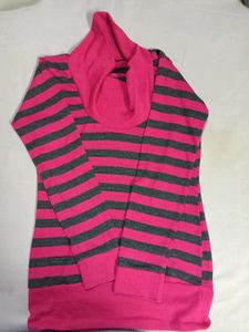 Pink And Gray Highneck Stripped Sweat Top