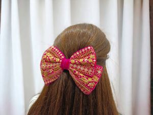 Embroidered Hot Pink Hair Bow