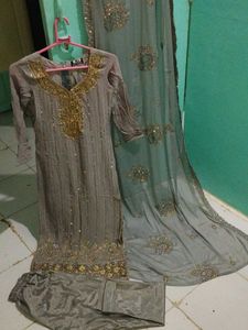 Gray &amp; Gold Embroidered Asian Dress