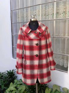Red Plaid Wool Blend Coat