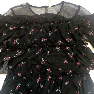 Black Floral Sheer Ruffle Top with Bell Sleeves