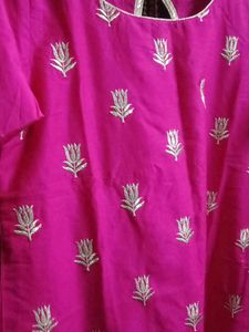 Rose Pink Aline Kurta With Lotus Embroidery
