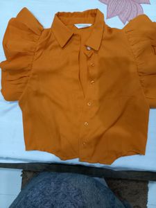 Orange Ruffle Sleeve Button-Down Top