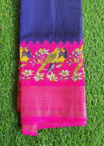 Blue Checked Saree with Bird & Floral Border