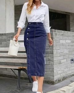Side Button Plain Straight Maxi Denim Skirt