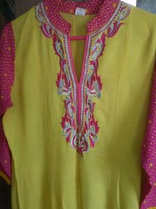 Yellow, Straight,embroidered Kurti.