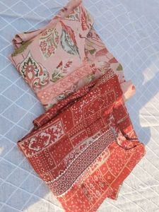 Hand Stitched Kurti Combo | Peach Floral &amp; Rust Pr