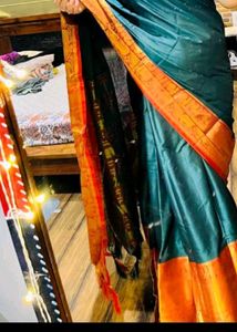 Elegant Dark Green &amp; Orange Silk Saree