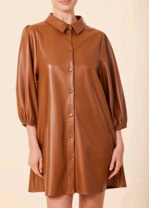 Chic Brown Faux Leather Shirt Dress