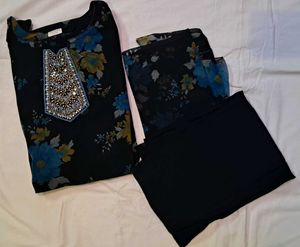 Floral Printed Dark Blue Churidar Set