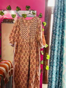 Elegant Beige Floral Cotton Anarkali Kurta