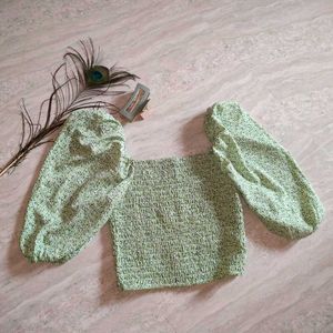Green Floral Print Smocked Crop Top