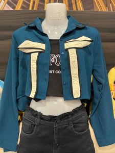 Teal Cropped Utility Shirt with Branded Strap Deta