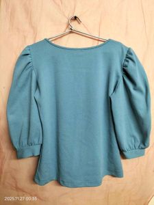 Blue Square Neck Puff Sleeve Top