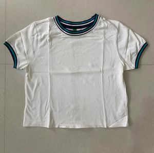 UCB White Solid Cropped Round Neck T-shirt