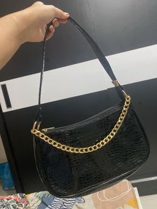 Black Croc Chain Shoulder Bag
