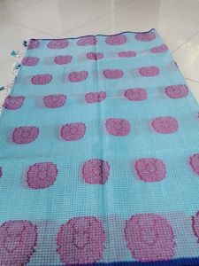 Light Blue Checked Cotton Saree ..