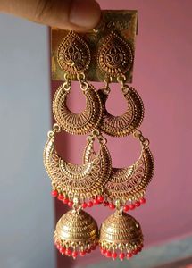 Red &amp; Gold Jhumka Earrings
