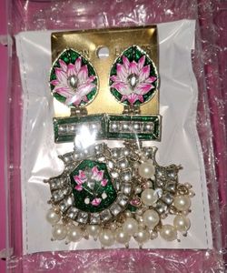 Lotus Green And Pink Meena Kundan Chandbali