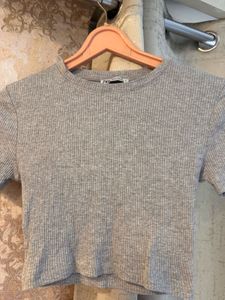 Zara Basic Ribbed Grey Crop Top, Bust-34/32