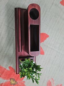 Wooden Pen And Card Holder with Plant Decor