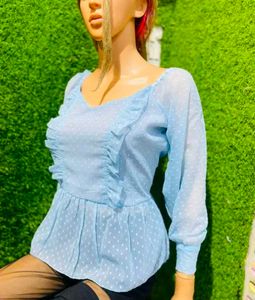 Chic Light Blue Ruffled Top