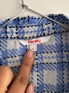 Blue Plaid Cold Shoulder Top