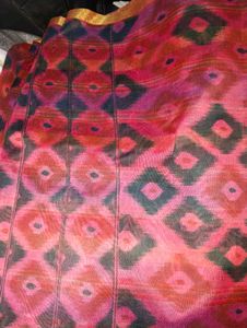 Pink &amp; Green Ikat Print Saree with Golden Border