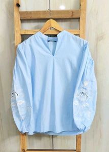 Blue Embroidered Sleeve Top size-42