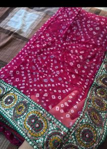 Pink Bandhani Sari with Embroidered Border