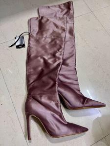 Brand New Mauve Satin Over-the-Knee Boots