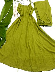 Olive Green Anarkali Suit Set