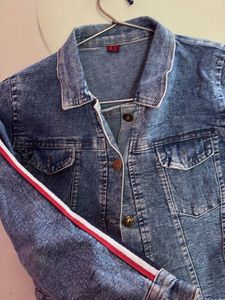 Denim Jacket with Striped Sleeves