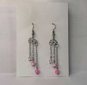 Trendy Pastel Pink & Crystal Dangle Chain Earrings