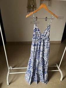 Blue-White Pattern Strappy Maxi Dress