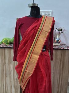 Elegant Red Saree with Golden Border