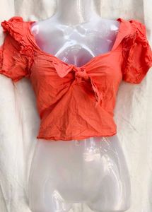 182812. Coral Tie-Front Crop Top