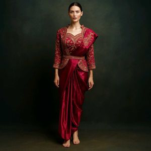 Burgundy Embroidered Saree with Jacket