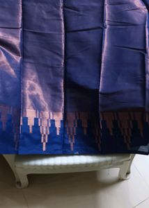 Cotton Linen Saree With Blue And Copper Colour