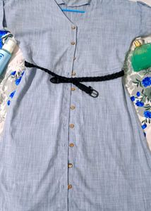 Light Blue Button-Down Dress with Belt