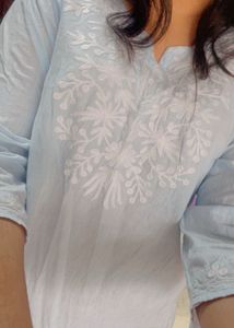 Sky Blue Chikenkari Kurta Short Length