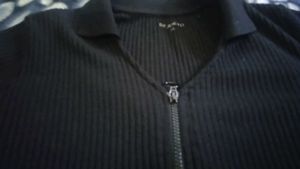 Black Zip-Up Ribbed Polo Top