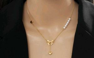 Heart drop bow with pearl necklace anti tarnish
