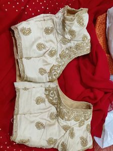 Red Saree With Contrast Cream Colour Heavy Blouse
